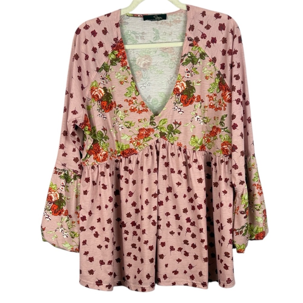 Suzanne Betro Dusty Rose Mixed Floral Babydoll Bell Sleeves XL Tunic Top